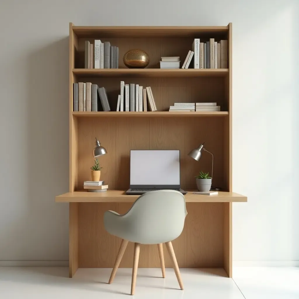 a photo of a compact library with a foldable desk and shelves