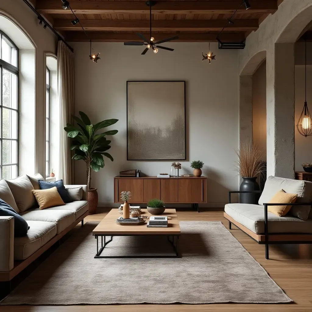 a photo of a spacious living room with a mix of rustic and industrial furniture