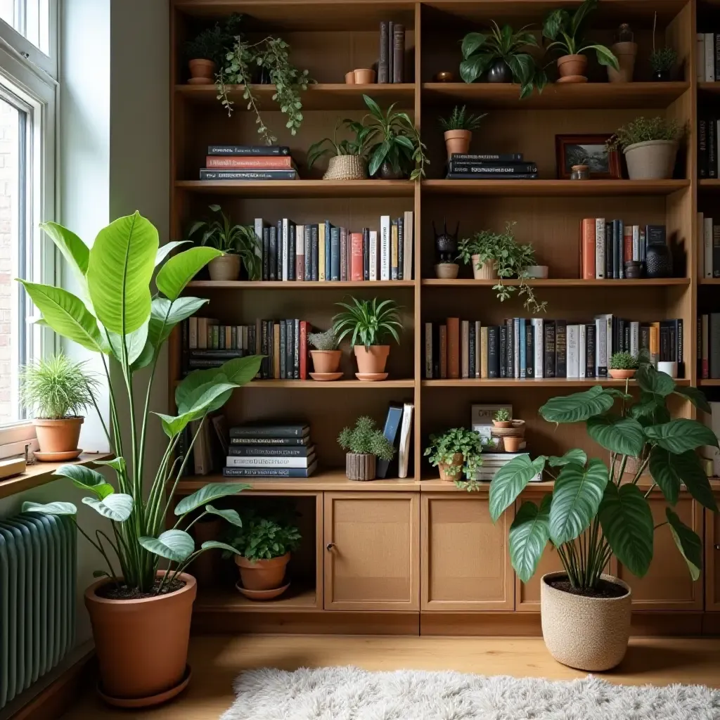 a photo of a serene library corner with potted plants and wooden decor