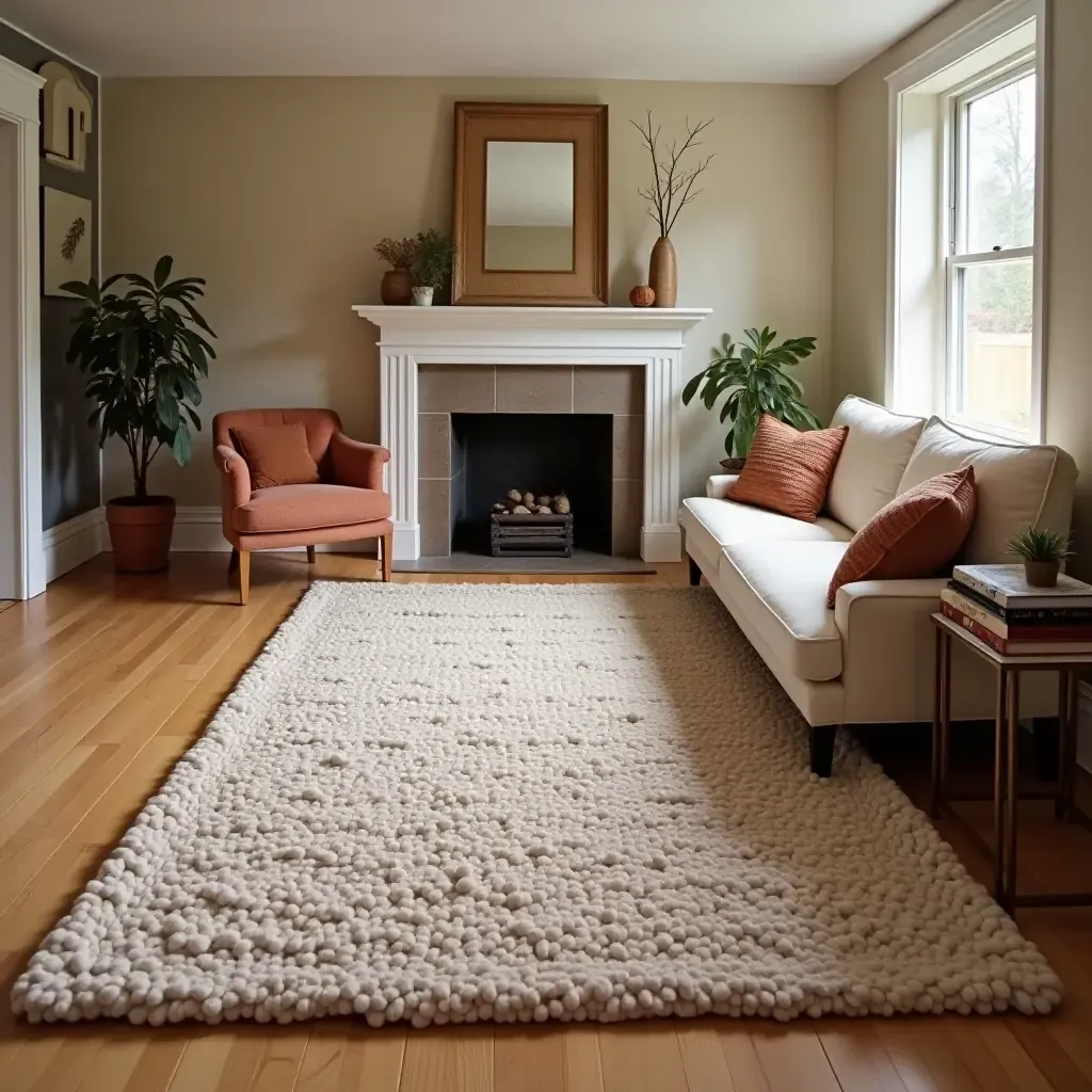 a photo of a soft, knitted rug in a warm basement family room