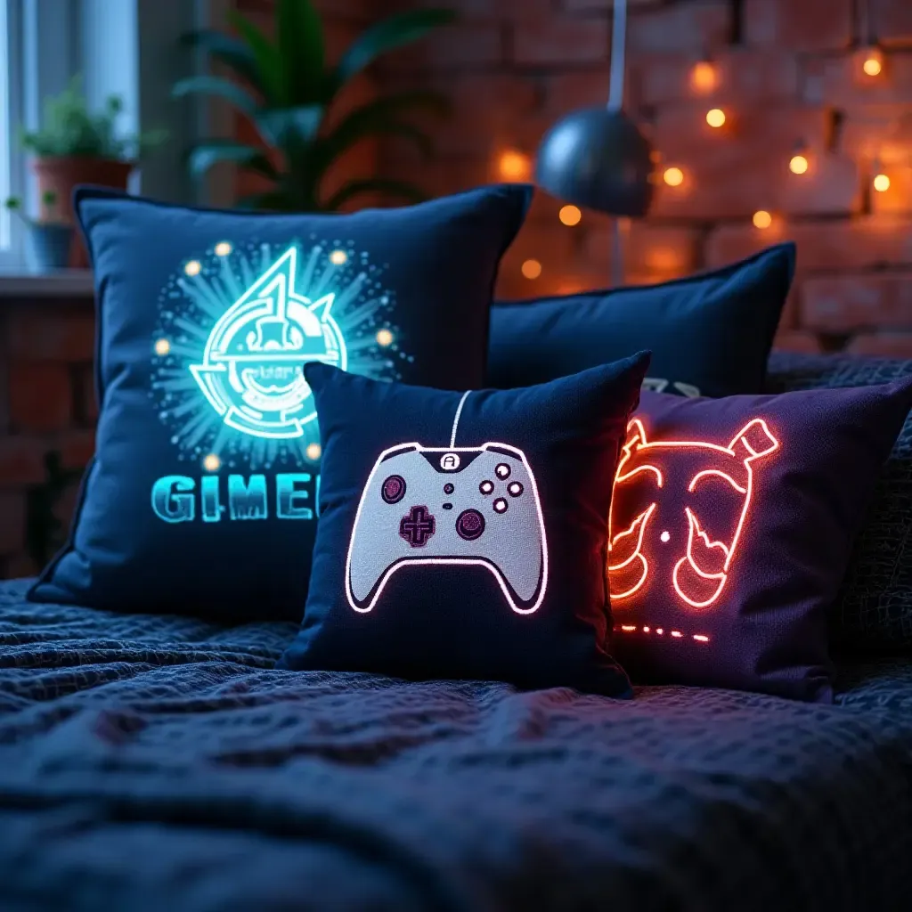 a photo of a tech-themed teen room with throw pillows featuring video game designs