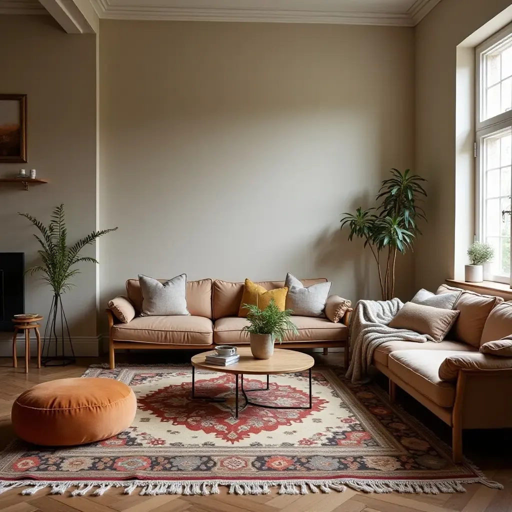 a photo of a cozy living room with a vintage rug and cushions