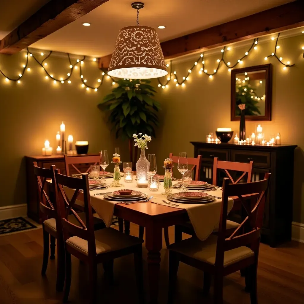 a photo of a basement dining area with fairy lights and a whimsical table setting