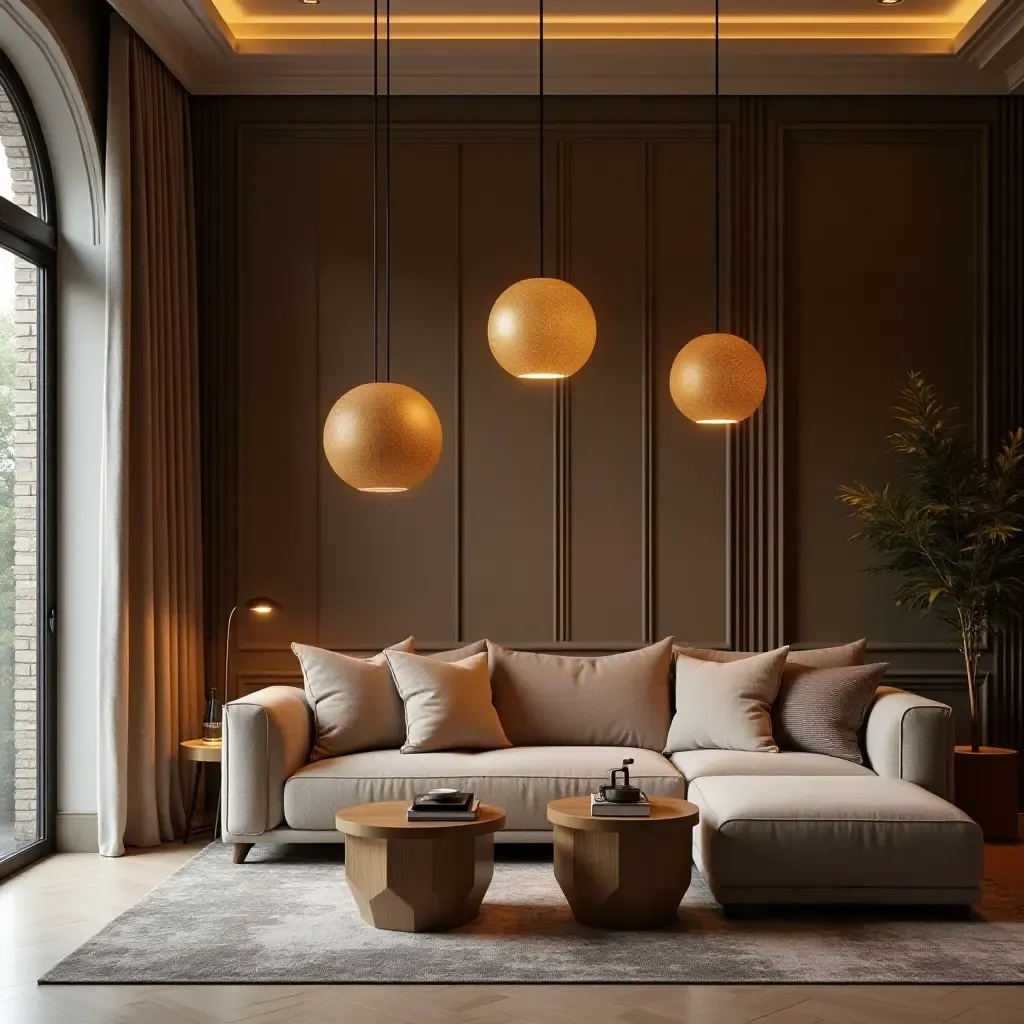 a photo of a luxurious living room with gold pendant lights enhancing a plush seating arrangement