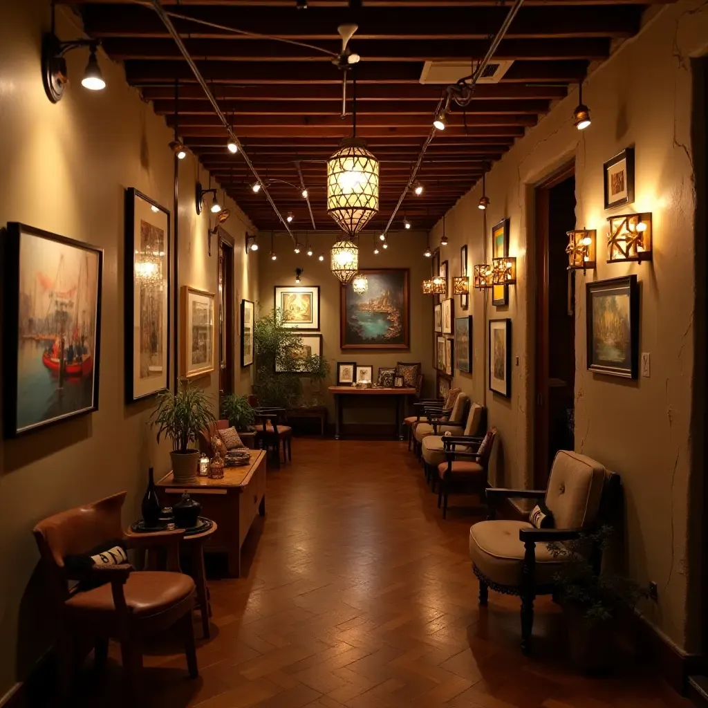 a photo of a basement gallery showcasing eclectic art pieces and whimsical lighting