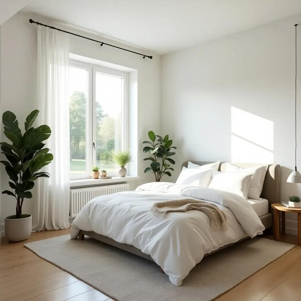 a photo of a bright Scandinavian bedroom with natural light and greenery