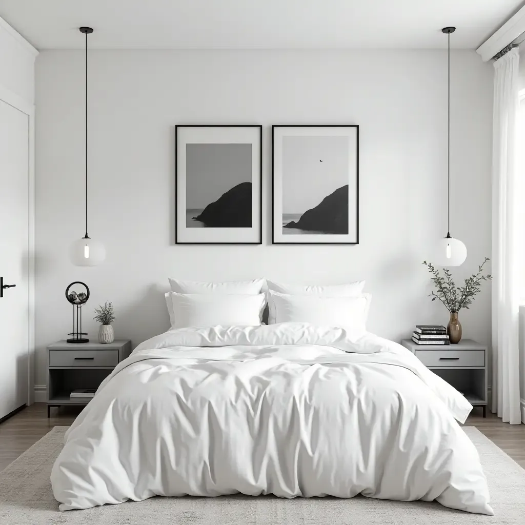 a photo of a minimalist bedroom featuring a monochrome gallery wall with black and white photos