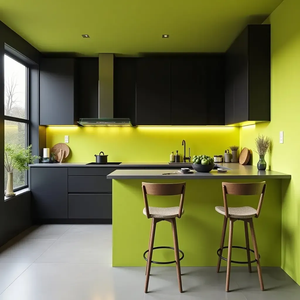 a photo of a vibrant lime green and charcoal kitchen with modern flair