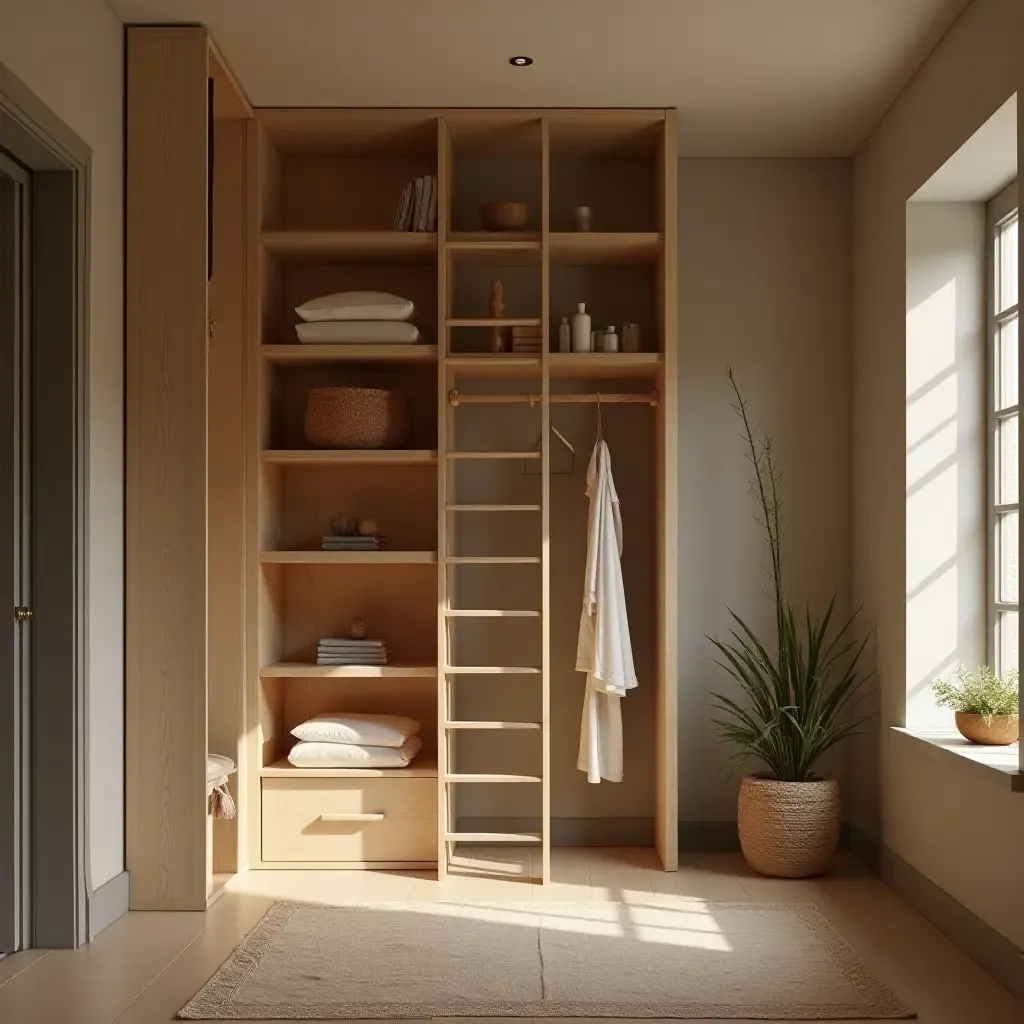 a photo of a cozy corridor with a decorative ladder used for storage