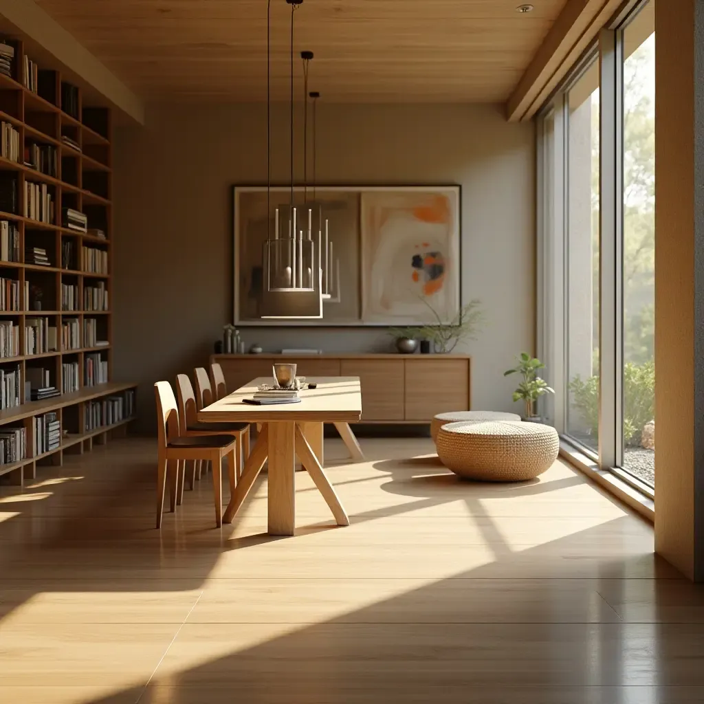 a photo of a serene space with a long table for reading and studying