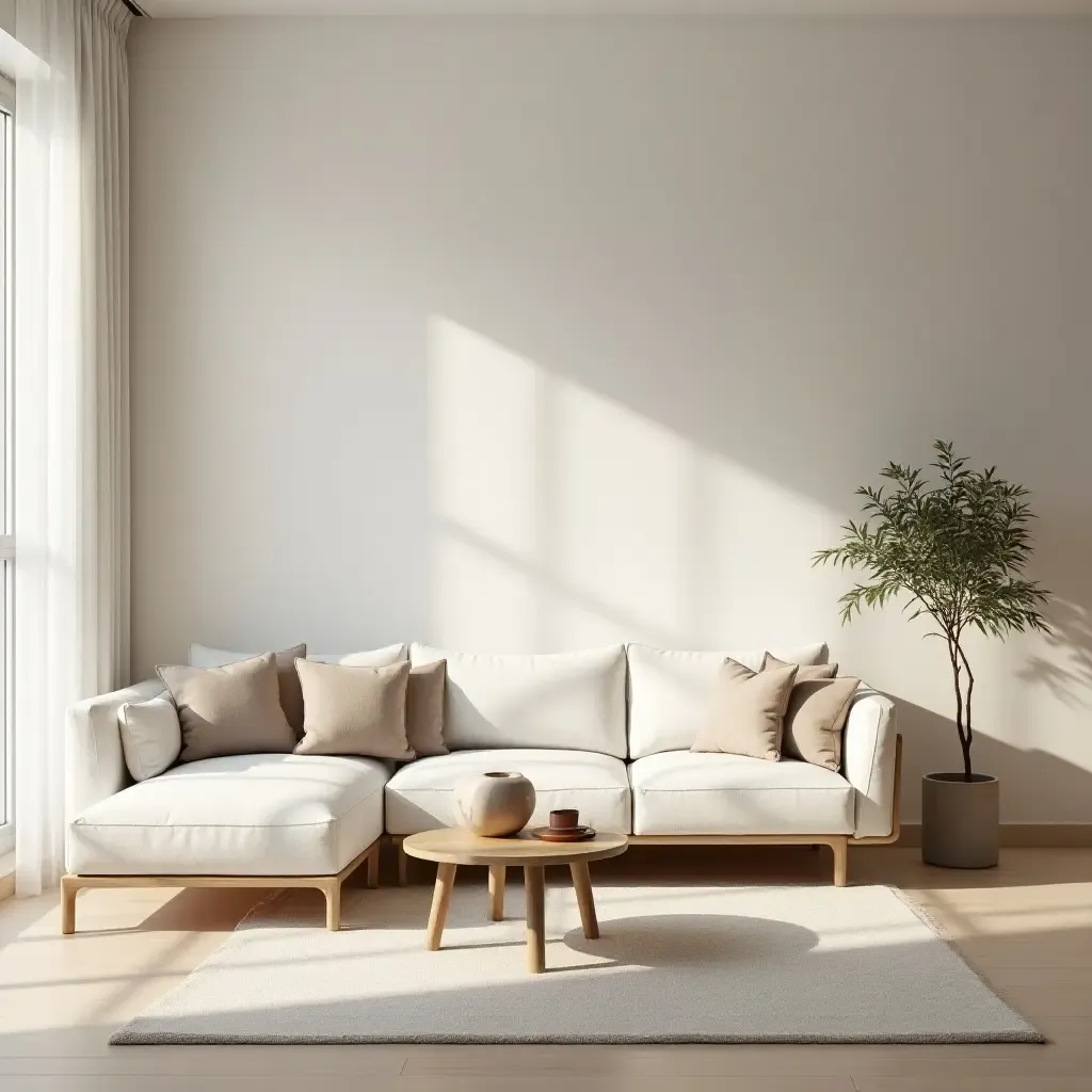 a photo of a minimalist living room with soft neutral colors and natural light