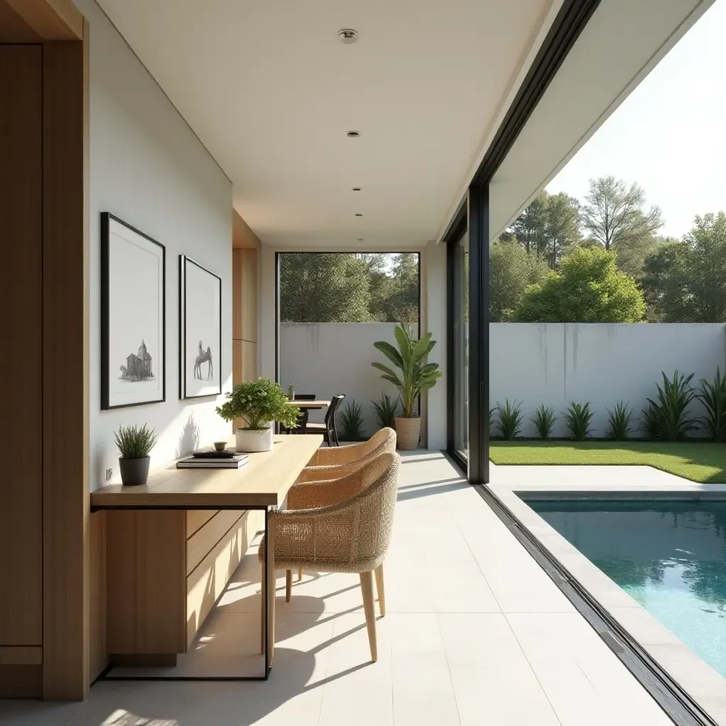 a photo of a stylish poolside workspace featuring Scandinavian design and natural light