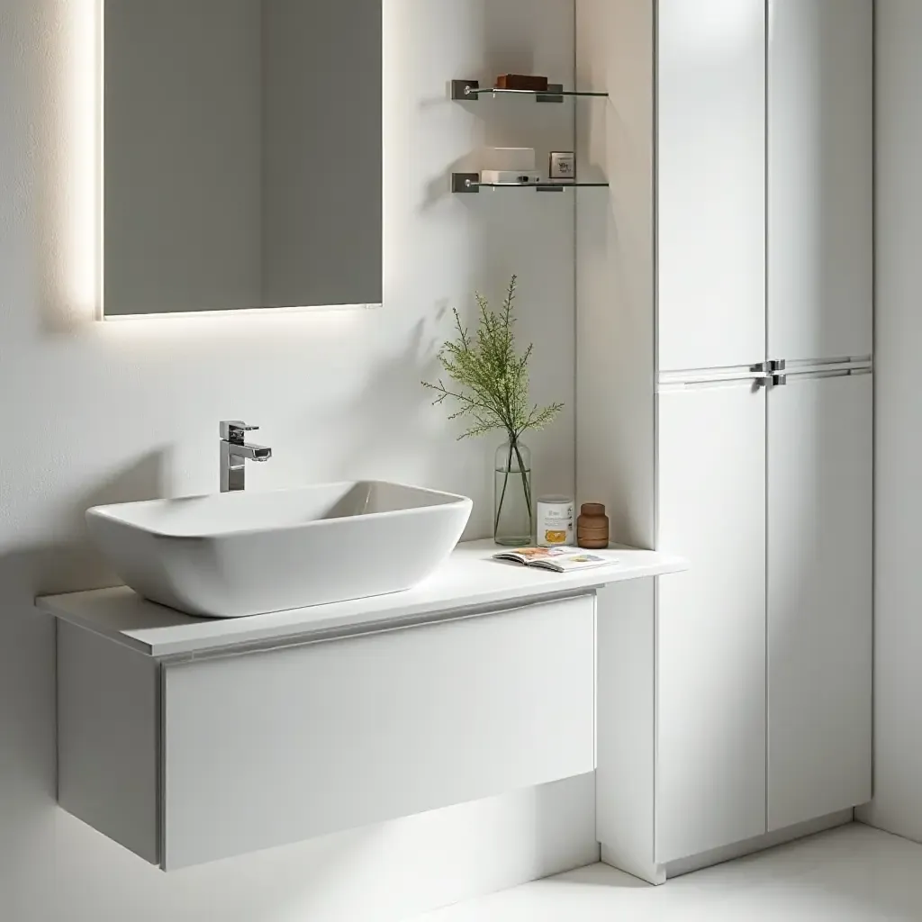 a photo of a contemporary bathroom with clear acrylic organizers