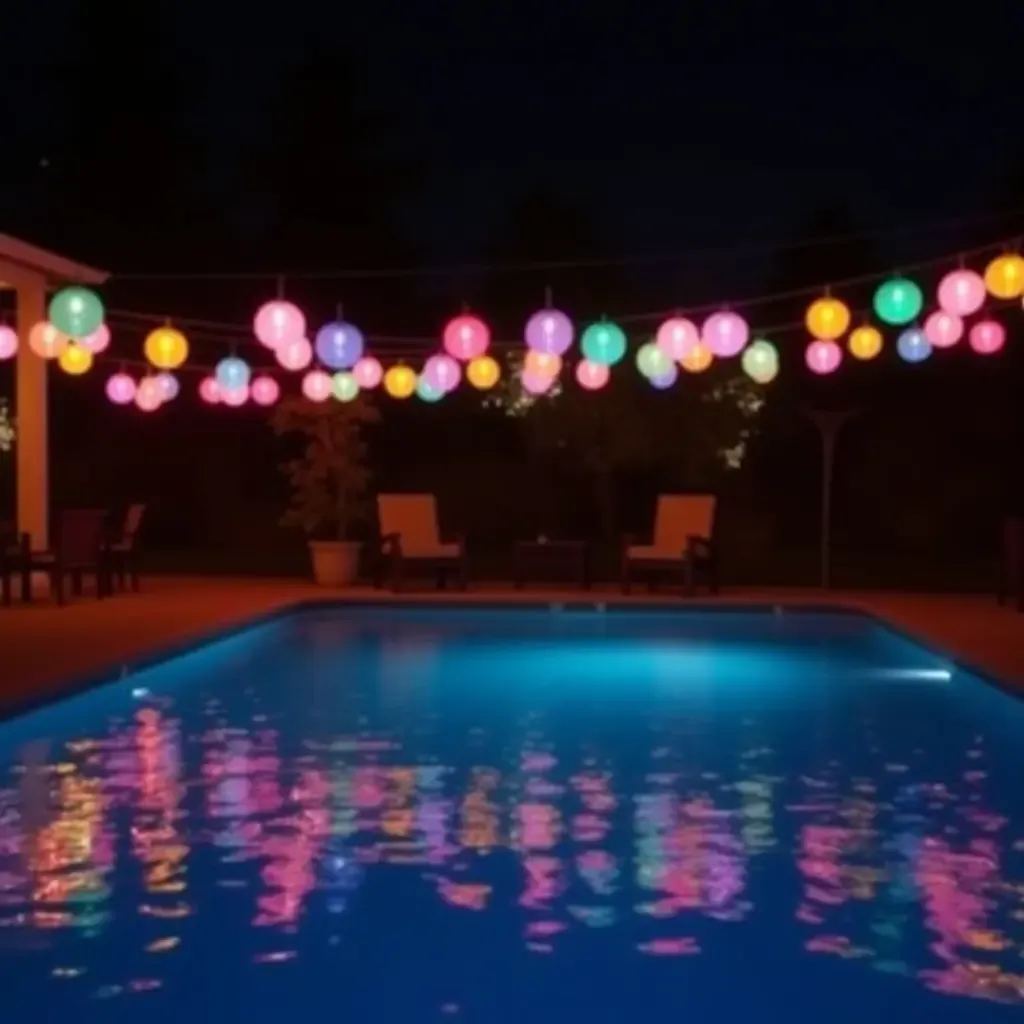 a photo of colorful string lights illuminating a nighttime pool party