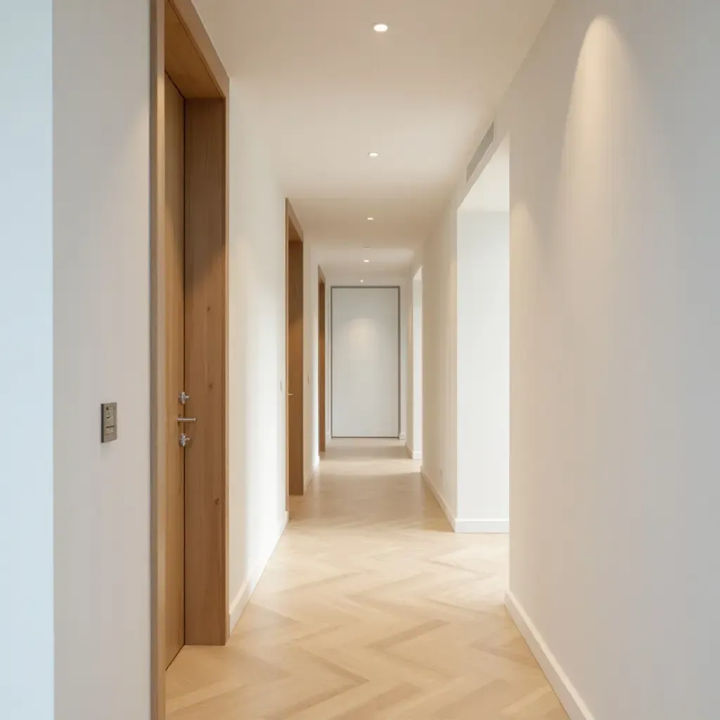 a photo of a light Scandinavian corridor with natural wood accents and white walls