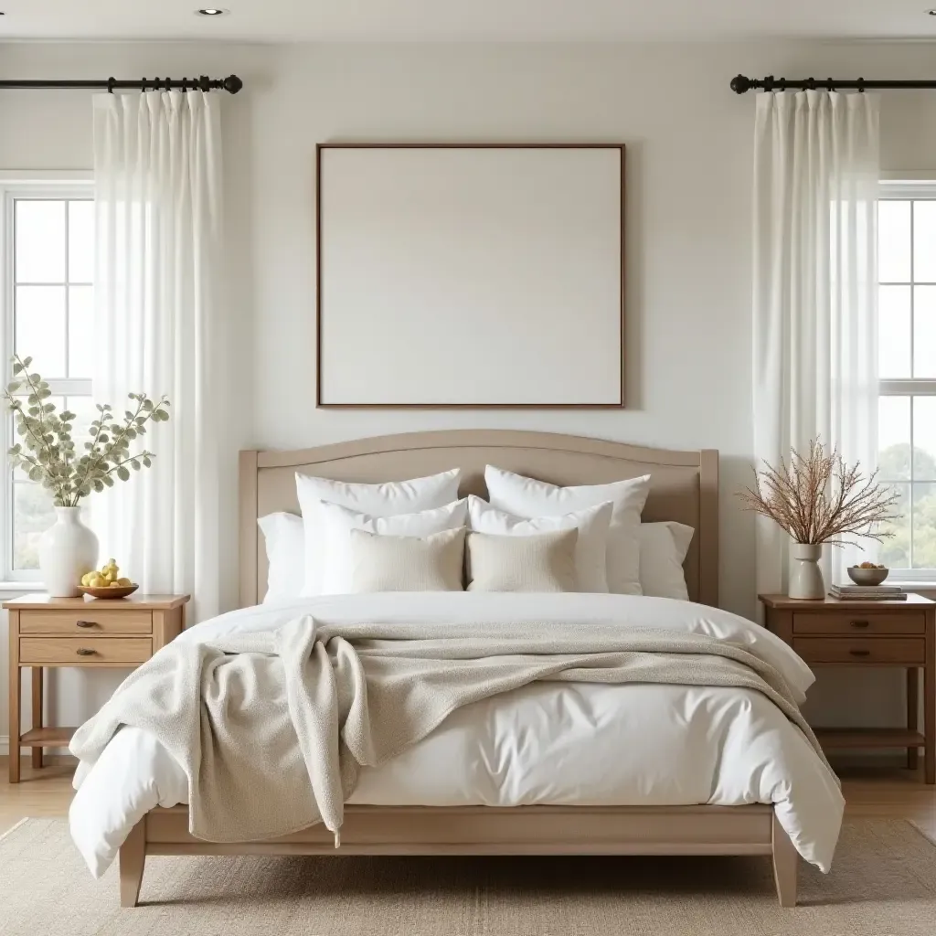 a photo of a farmhouse bedroom with a soft color palette and natural textures