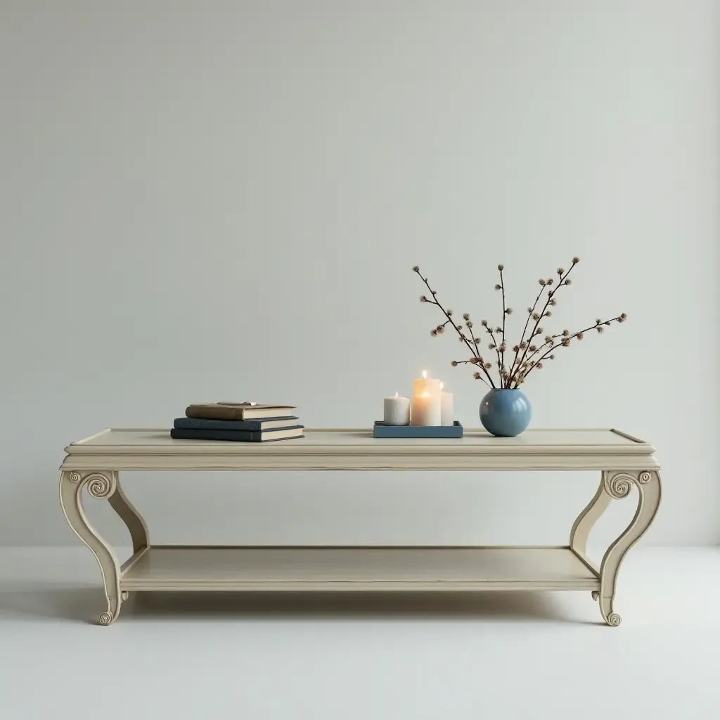 a photo of a chic cream and blue coffee table with decorative books and candles