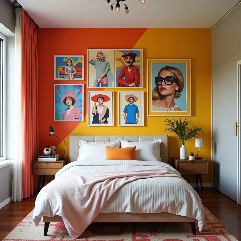 a photo of a vibrant bedroom with a gallery wall of pop art pieces