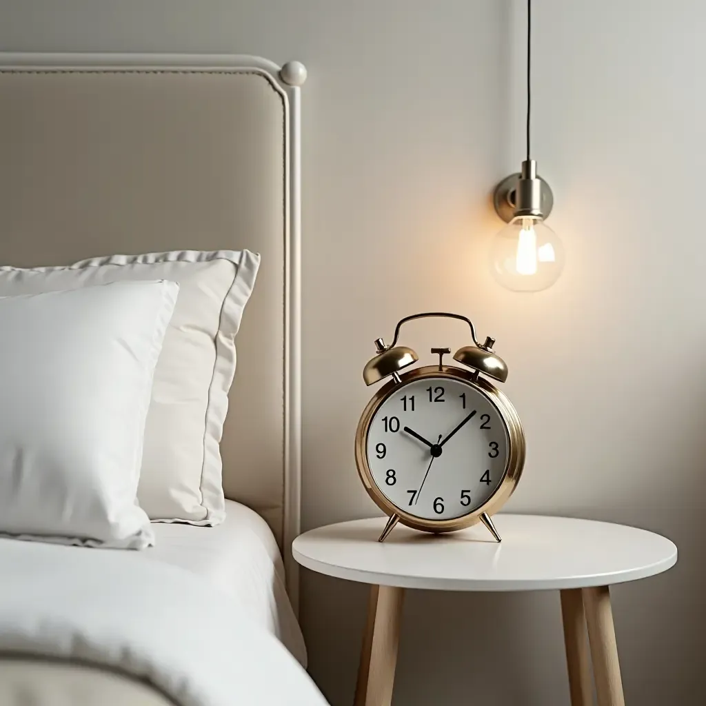 a photo of a serene bedroom with a vintage clock on a modern bedside table