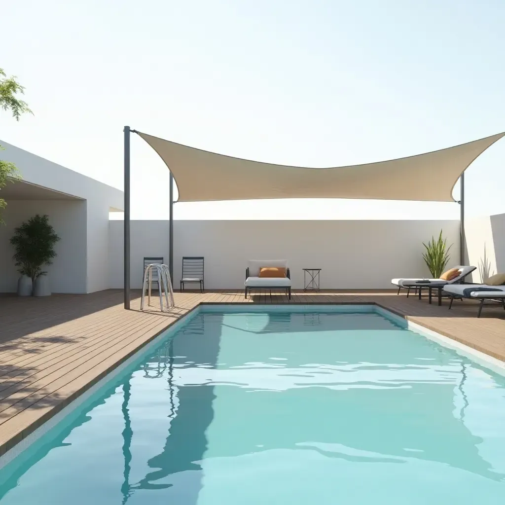 a photo of a minimalist pool area with sleek fabric sunshades, smooth wood decking, and modern metal chairs