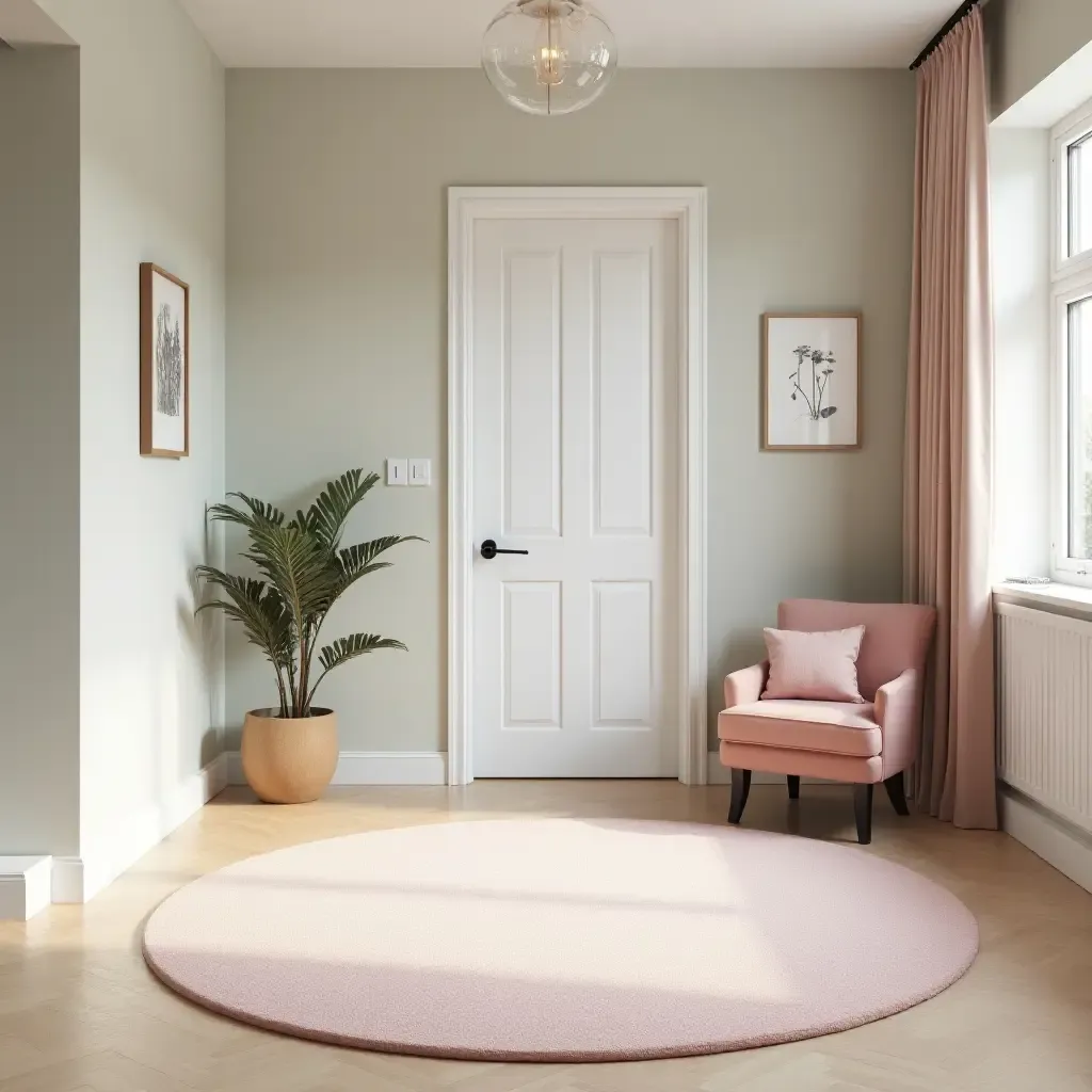 a photo of a soft pastel rug enhancing a serene entrance hall