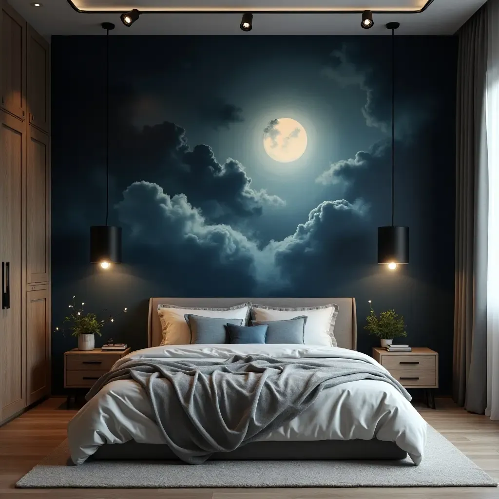 a photo of a dreamy, dark-themed mural on the bedroom wall