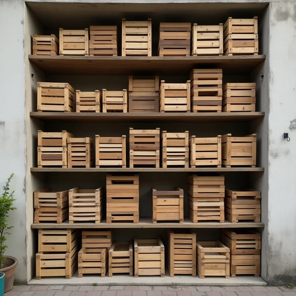 a photo of a balcony with wooden crates stacked as shelves