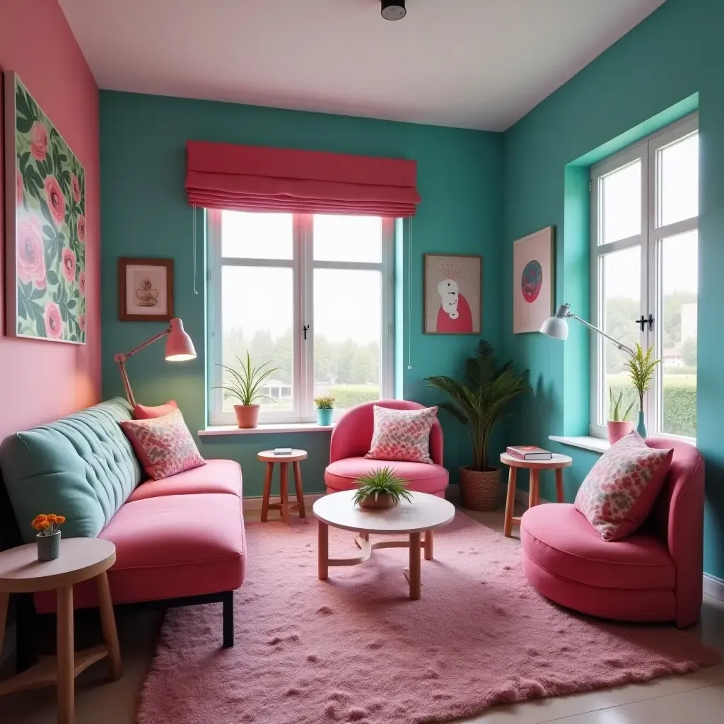 a photo of a fun fuchsia and teal room for teenagers