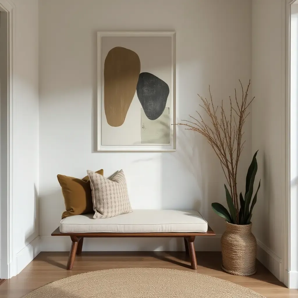 a photo of a chic entryway with a modern bench and artistic wall decor