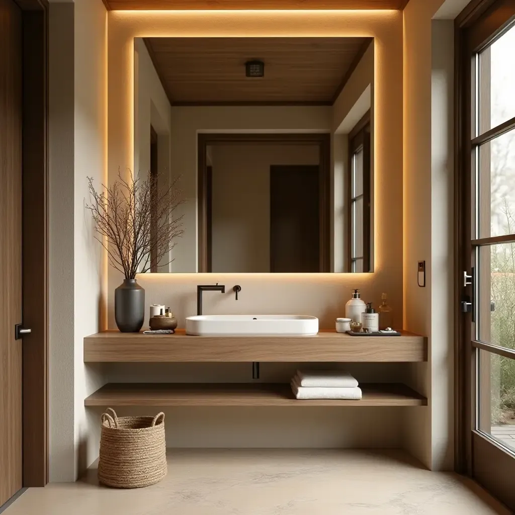 a photo of a rustic brown and cream bathroom with natural materials