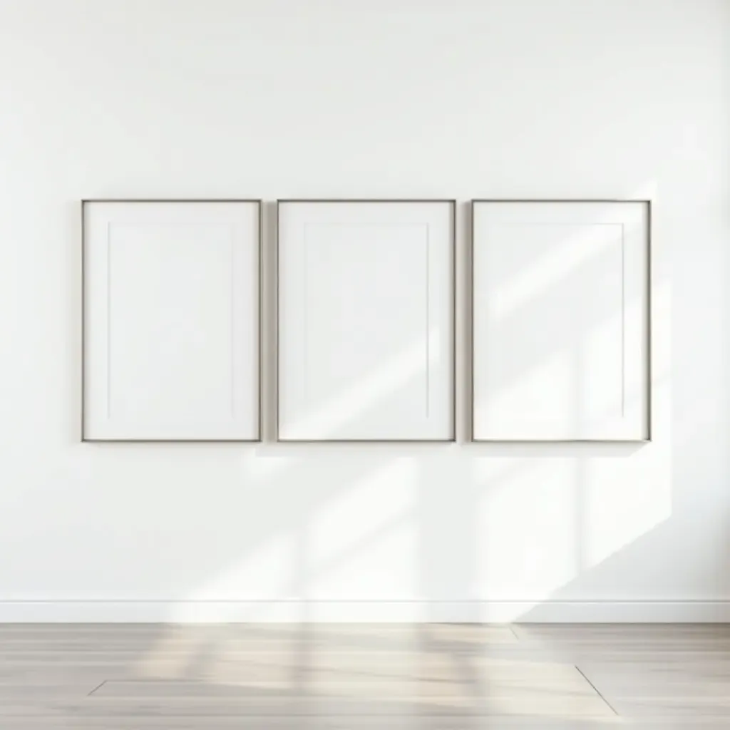 a photo of a minimalist gallery wall with monochrome art and sleek frames