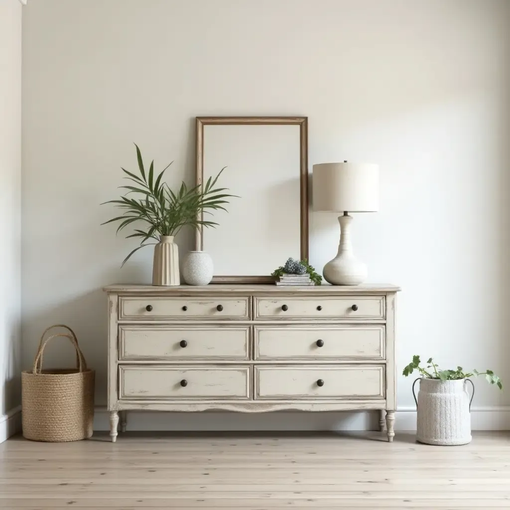 a photo of a distressed vintage dresser in a welcoming entryway