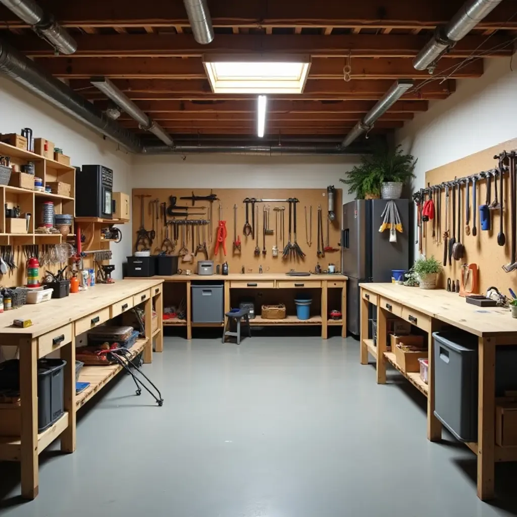 a photo of a basement workshop designed with farmhouse organization and tools