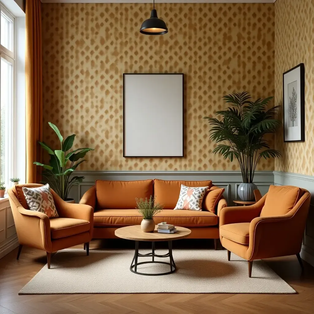 a photo of a cozy living room with retro furniture and patterned wallpaper