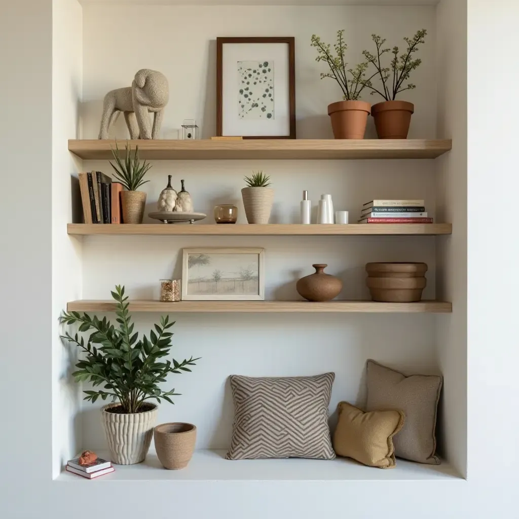 a photo of a balcony shelf featuring a mix of vintage and modern decor