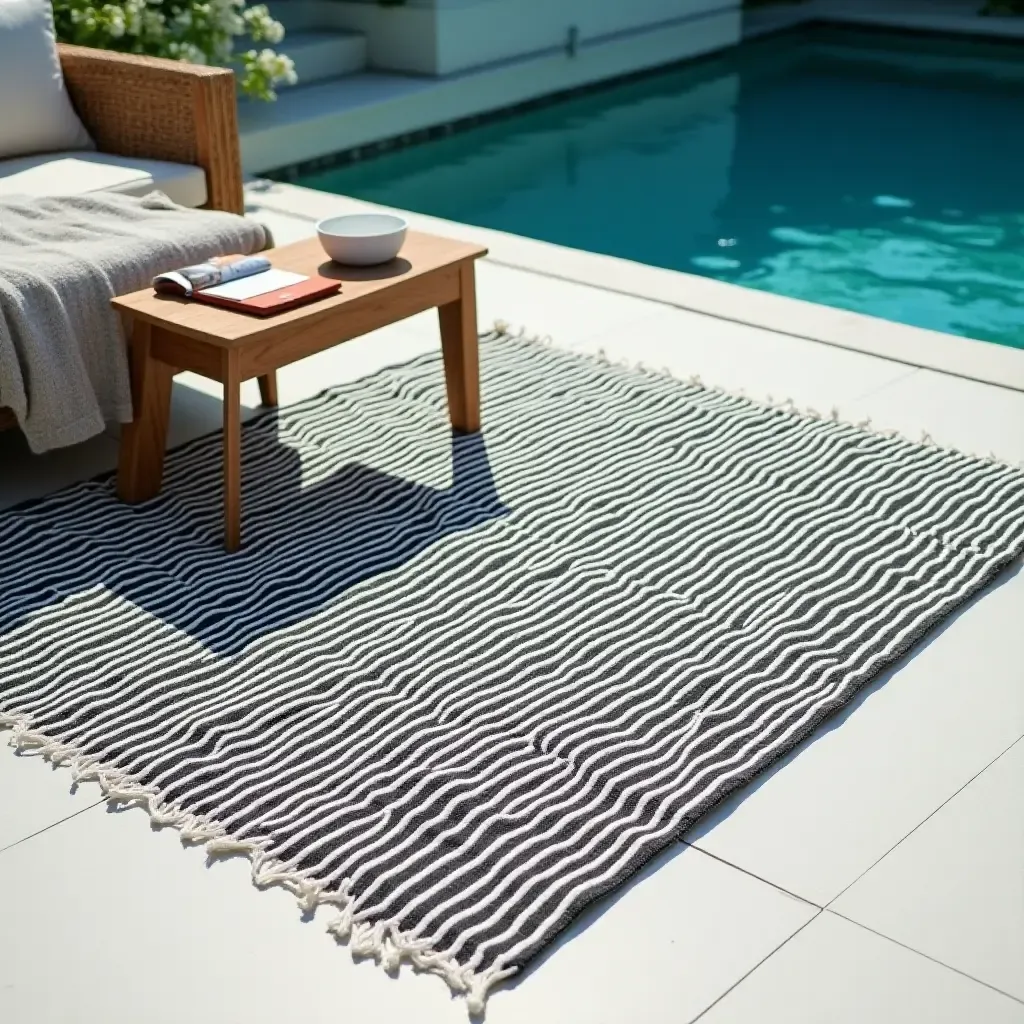 a photo of a minimalist black and white rug near the pool