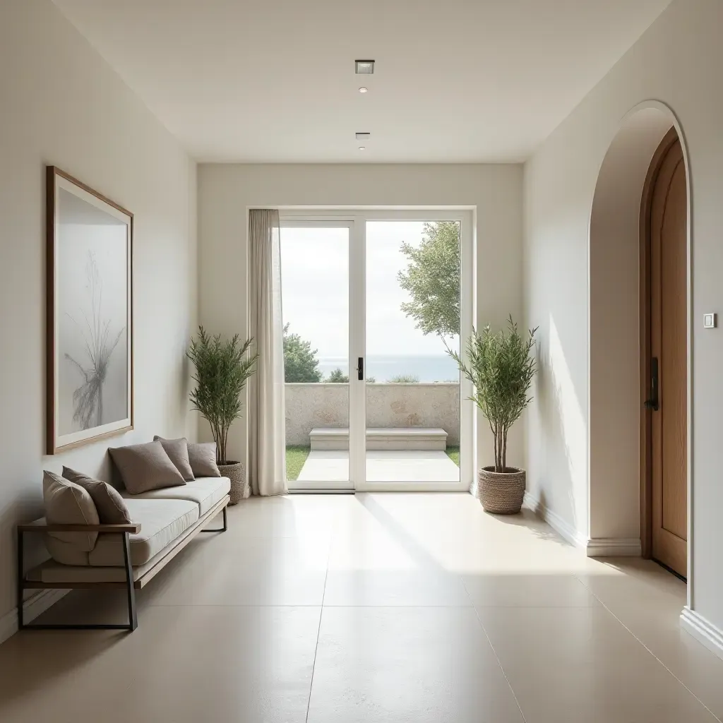 a photo of a contemporary foyer with minimalist furniture and open space