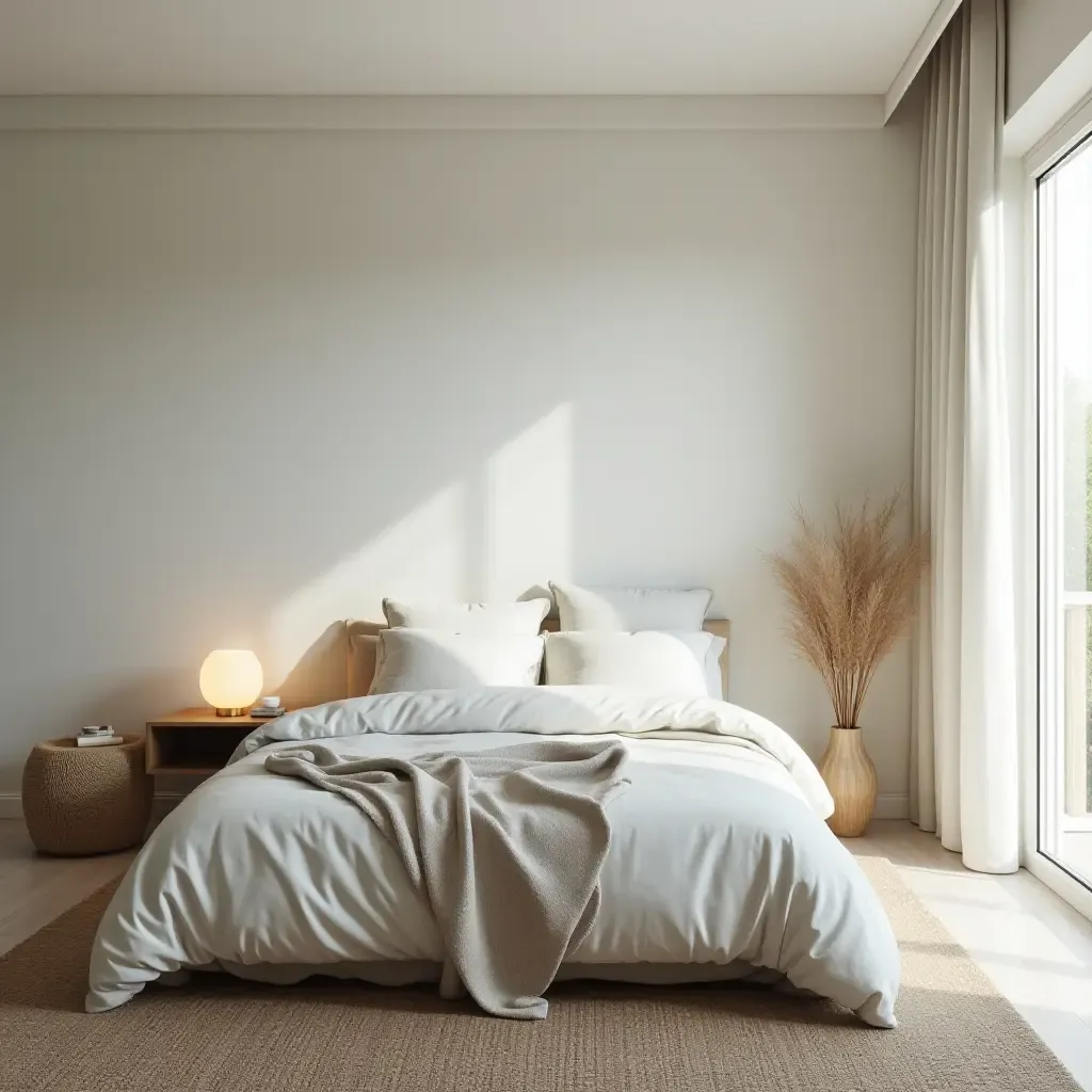 a photo of a tranquil bedroom with calming ocean hues and natural materials