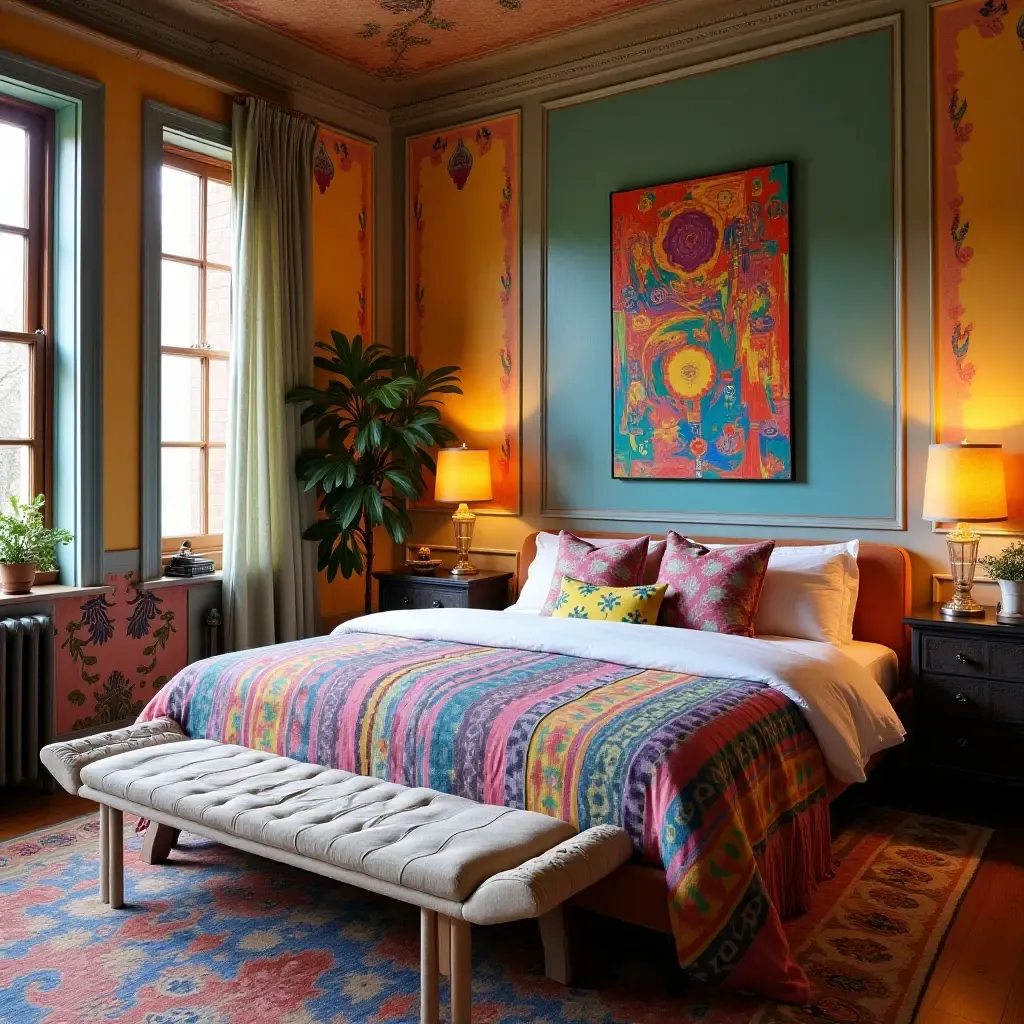 a photo of a colorful bedroom with vibrant artwork and eclectic decor