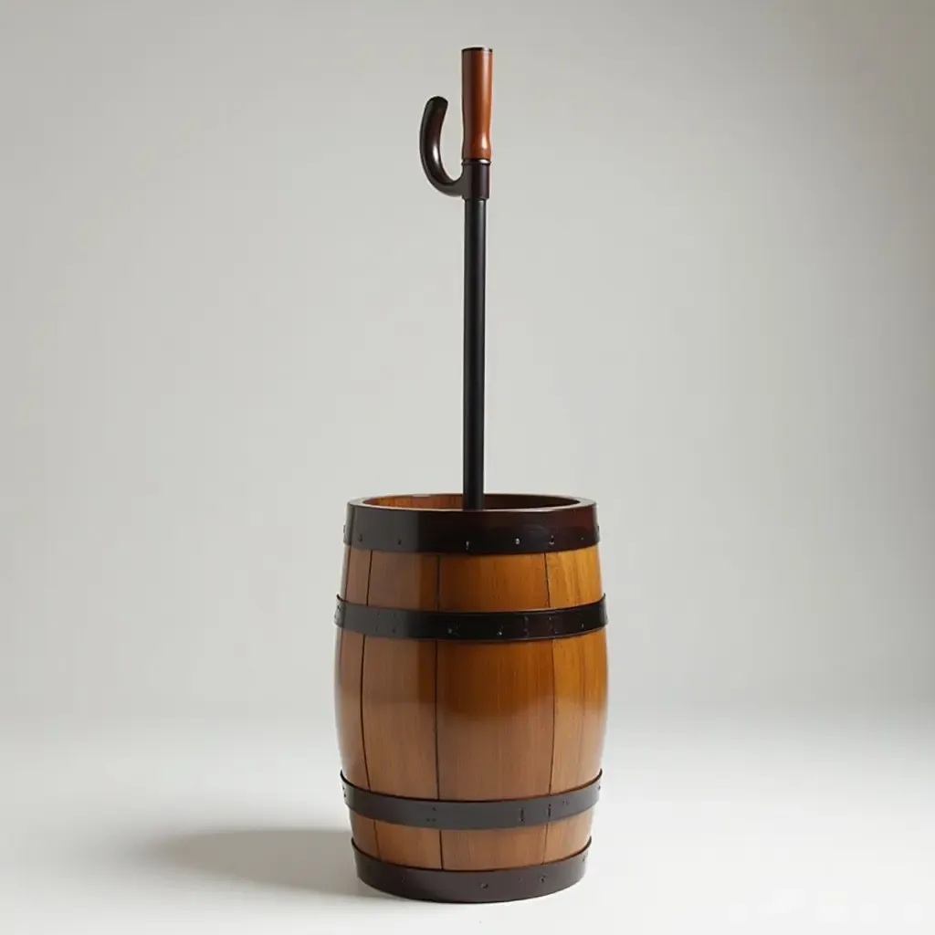 a photo of a stylish umbrella stand made from barrels