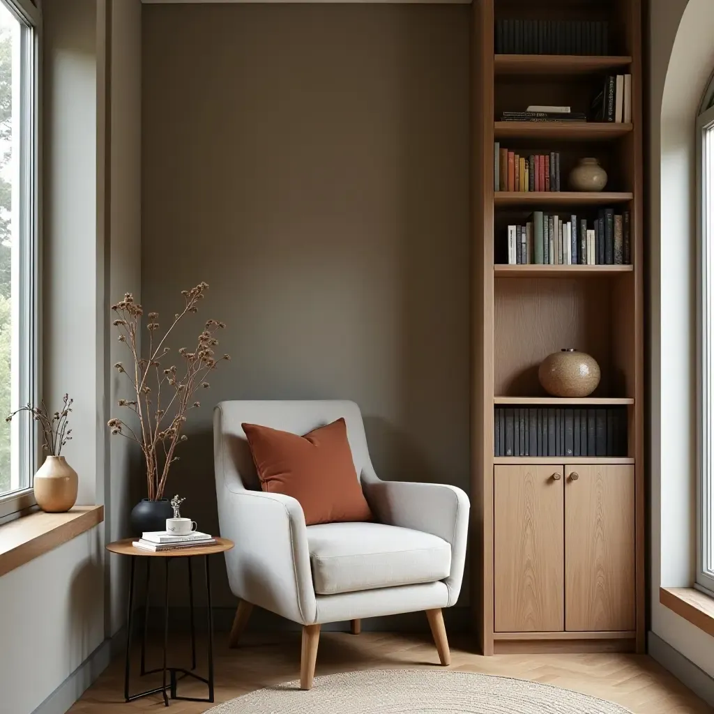 a photo of a reading nook with a stylish armchair and a side bookshelf