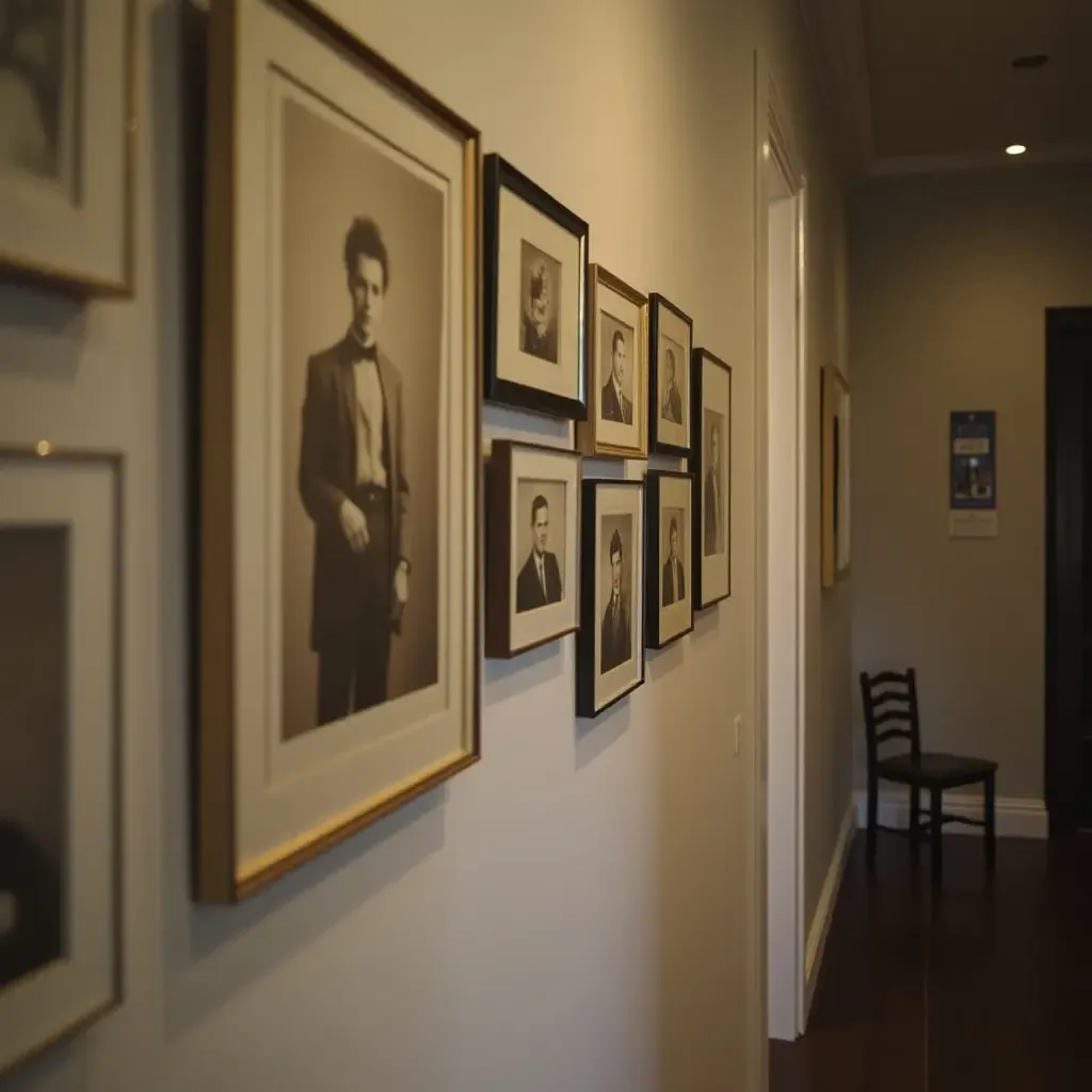 a photo of sepia-toned family portraits hanging on a corridor wall