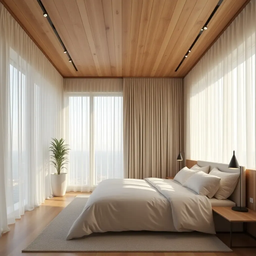 a photo of a bedroom with wooden ceiling and soft curtains