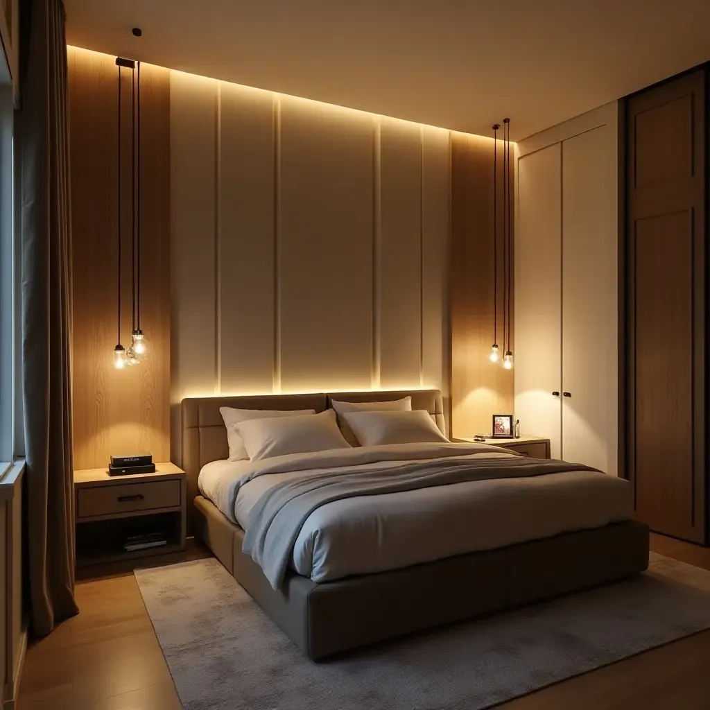 a photo of a small bedroom with clever lighting solutions