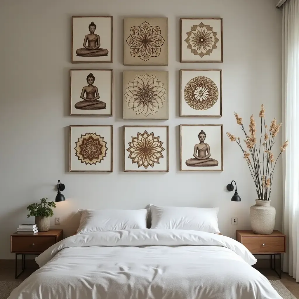 a photo of a zen bedroom with a gallery wall of calming mandalas