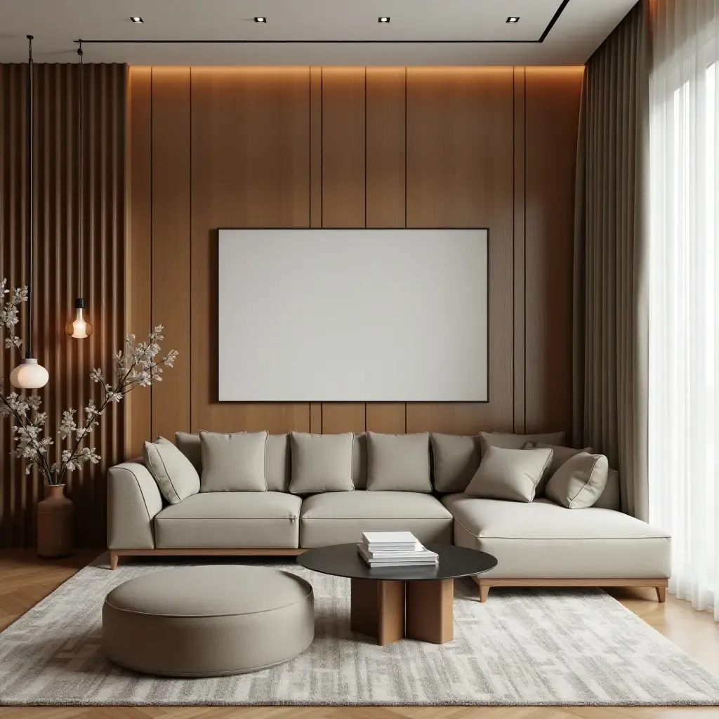 a photo of a chic living room with wooden accents and a stylish sofa