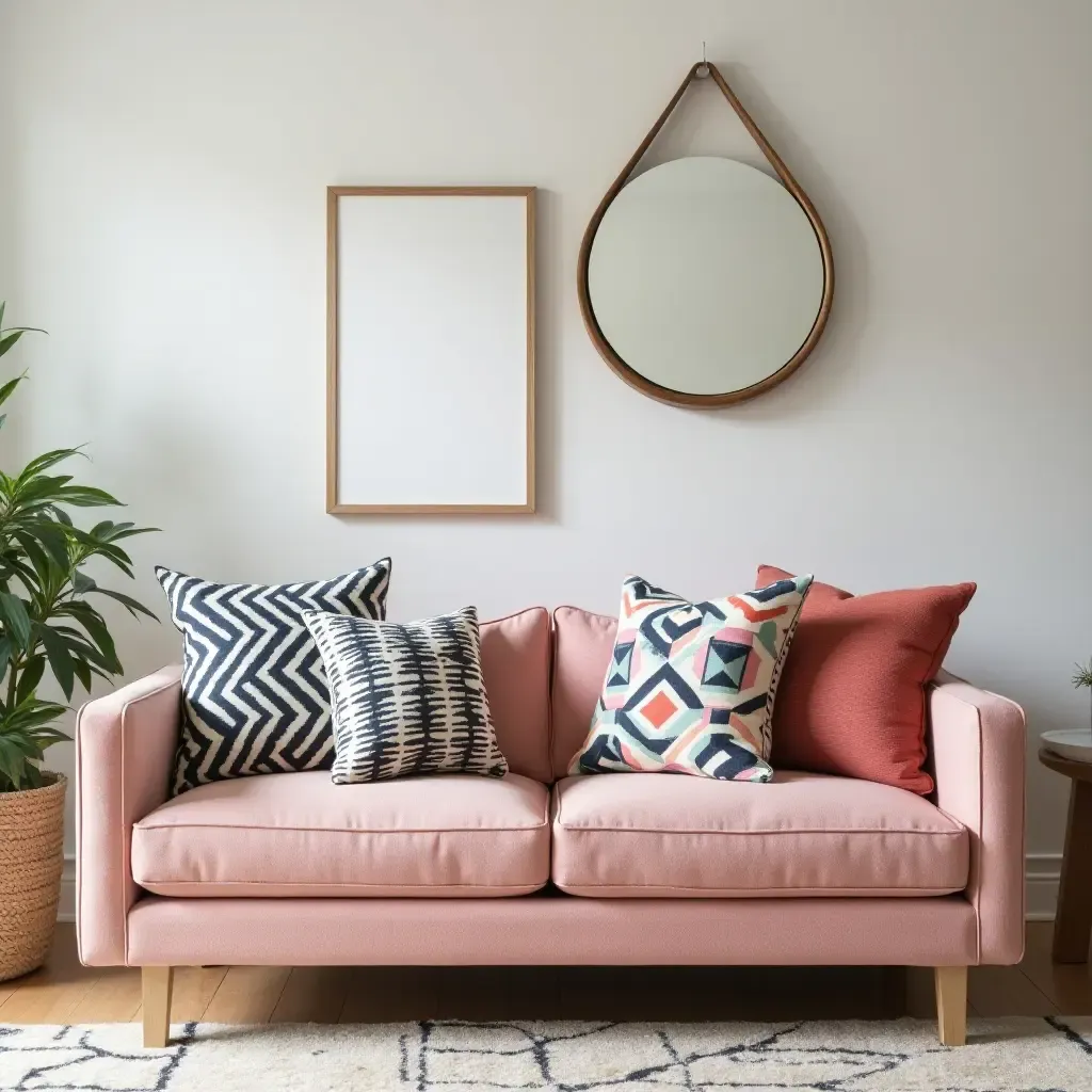 a photo of a vibrant living room with geometric throw pillows on a modern couch