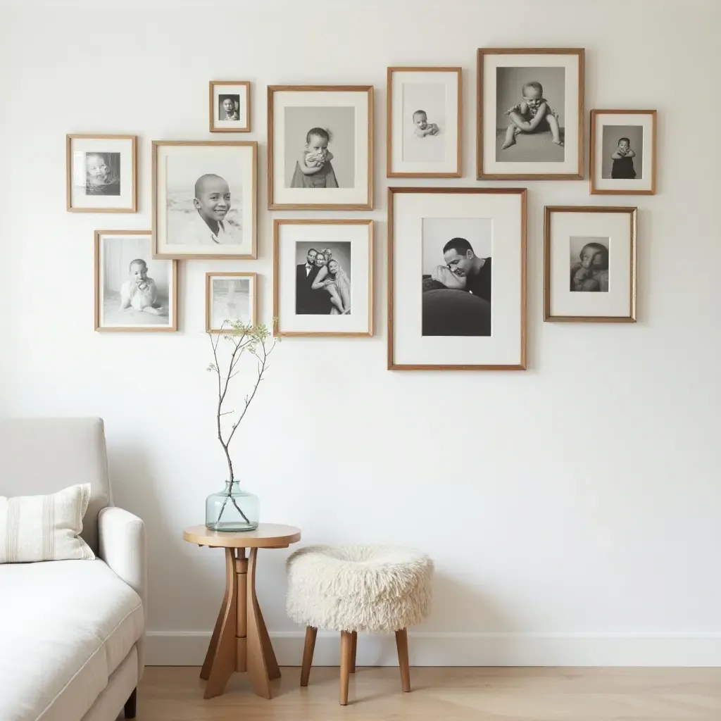 a photo of a charming gallery wall with vintage frames and black-and-white photos