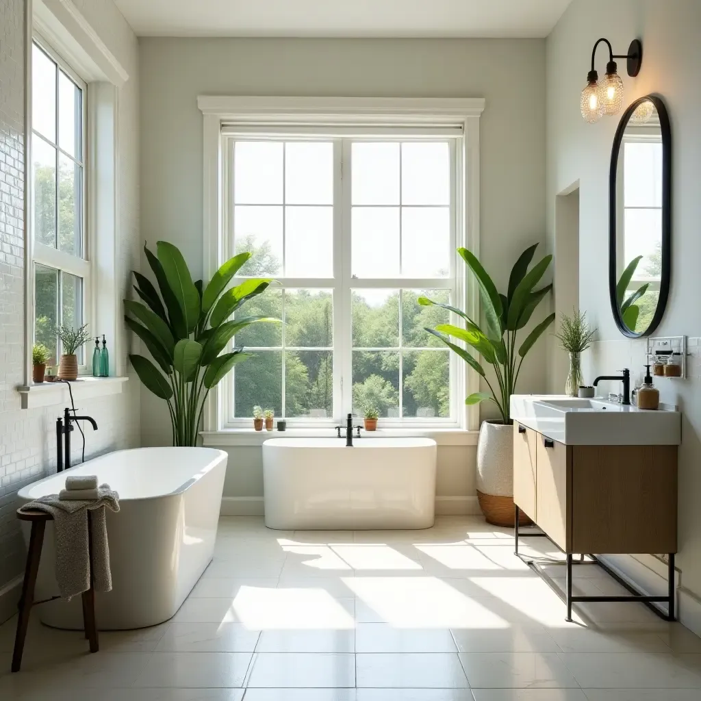 a photo of a bright bathroom with large windows and greenery