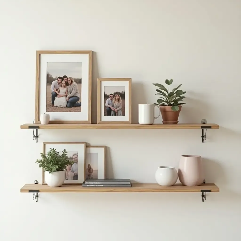 a photo of a wooden wall shelf with family photos